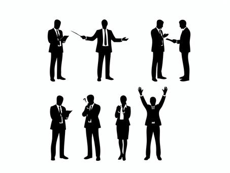 行動表すビジネスシーンのシルエットセット ビジネス,スーツ,シルエット,男性,女性,ビジネスマン,キャリアウーマン,手,手の動き,ジェスチャーのイラスト素材