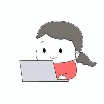 パソコン作業する女性 パソコン,リモート,在宅,女性,一つ結び,赤のイラスト素材