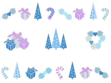 クリスマスラインとワンポイント　ブルー系 クリスマス,ライン,ワンポイント,セット,ブルー系,水色,ヒイラギ,プレゼント,クリスマスツリー,ツリーのイラスト素材