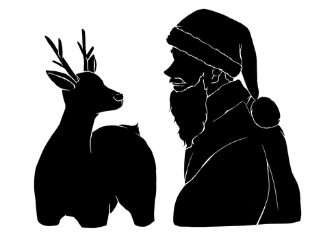 トナカイとサンタ サンタクロース,トナカイ,おじいさん,ひげ,クリスマス,横顔,12月,冬,シルエット,挿絵のイラスト素材