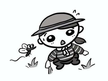 草むしりをしている女性　モノクロ 草むしり,蚊,女性,モノクロ,雑草,虫のイラスト素材