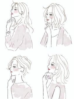 女性　横顔　セット　ラフ　水彩　ピンク 女性,横顔,ピンク,ヘアアレンジ,ラフ,セット,手,水彩,ロングヘア,ショートヘアのイラスト素材