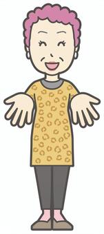  手を差し出してくださいポーズのおばちゃん ください,おばちゃん,大阪,ヒョウ柄,おばはん,中年,女性,関西,派手,おばさんのイラスト素材