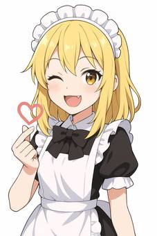 ウインクする金髪メイド女の子　指ハート