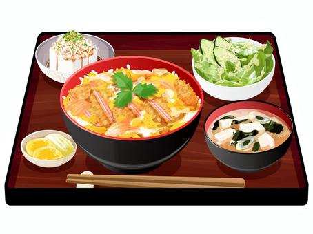 卵とじハムカツ丼定食 卵とじハムカツ丼,親子丼,定食,料理,食べ物,丼物,ハムカツ,卵,味噌汁,ネギのイラスト素材