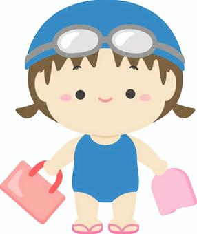水着の女の子とバッグとビート版 夏,夏休み,子ども,人物,水泳,プール,体育,海,水着,スイムキャップのイラスト素材