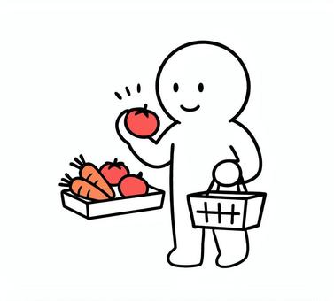 買い物で野菜を選ぶ棒人間 野菜,買い物,八百屋,トマト,にんじん,笑顔,棒人間,線画,キャラクター,手描きのイラスト素材