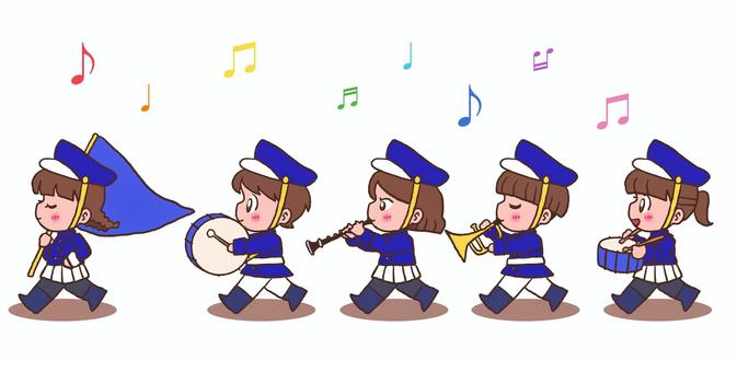 子ども　マーチング　イラスト 手描き,マーチング,音楽隊,音楽,演奏,楽器,旗,大太鼓,クラリネット,トランペットのイラスト素材