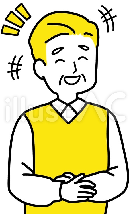 お腹を抱えて笑う　おじいさん　黄色 笑う,笑顔,面白いのイラスト素材