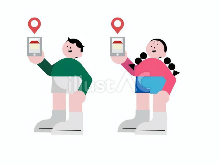 携帯の位置情報を見る男の子と女の子 おしゃれ,子ども,幼児のイラスト素材