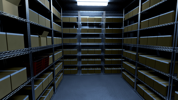 山積みの整理されたダンボールの暗い倉庫 倉庫,荷物,倉庫作業,段ボール,仕事,在庫,山積み,室内,物置,保管庫のイラスト素材