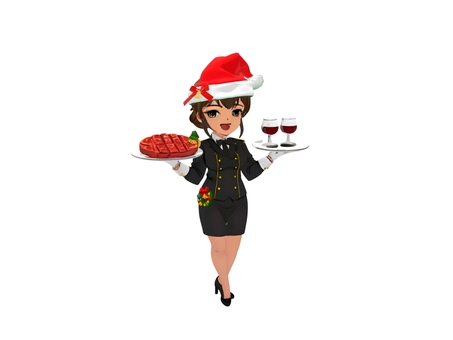 冬のクリスマスパーティーのレストラン店員 クリスマス,ステーキ,ワイン,グラス,帽子,女性,店員のイラスト素材