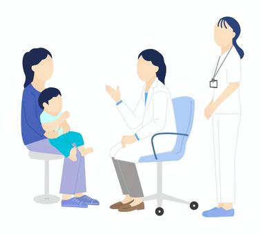 患者を診察する医者のシンプルイラスト素材 患者を診察する医者のシンプルイラスト素材 医師,医者,ドクター,医療従事者,先生,白衣,看護師,小児科,親子,母親のイラスト素材