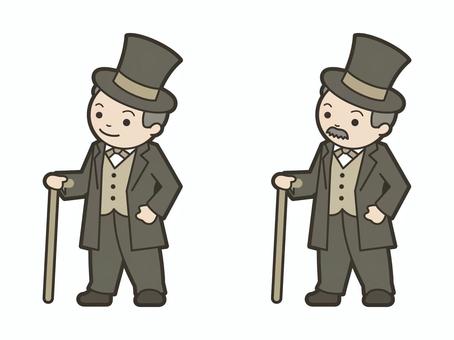 シルクハットの紳士 シルクハット,紳士,杖,洋装,スーツ,蝶ネクタイ,実業家,髭,男性のイラスト素材