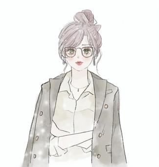 腕組みをする女性・お団子ヘア(眼鏡) 女性,大人女子,大人可愛い,お団子ヘア,垢抜け,スタイリッシュ,上半身,腕組み,オフィスカジュアル,トレンチコートのイラスト素材