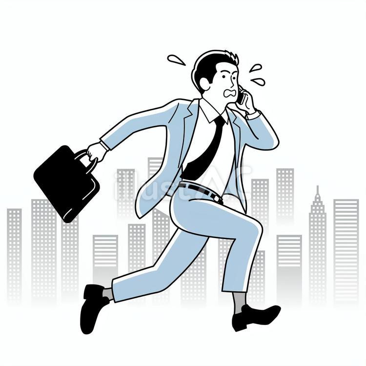 スマホを片手に全力で走るスーツ姿の男性 会社員,サラリーマン,ビジネスマンのイラスト素材