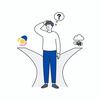 分かれ道で悩む若いビジネスマン 分かれ道で悩む若いビジネスマン 人物,男性,ビジネス,悩み,選択,岐路,判断,問題,考える,困惑のイラスト素材