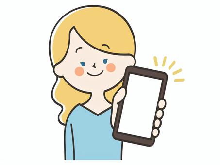 スマホ画面を見せる白人女性 女性,外国人,スマホ,画面,見せる,登録,誘導,紹介,案内,説明のイラスト素材
