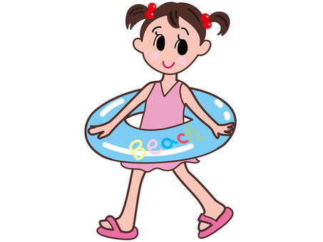 浮輪をつけてる女の子 浮輪,女の子,ビーチ,夏,夏休み,アウトドア,海,川,キャンプ,水泳のイラスト素材