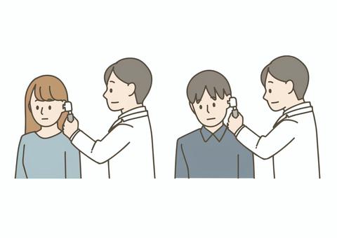 耳鼻科で耳鏡による診察を受ける人たち 耳鼻科,耳,診察,耳鏡,医師,医者,患者,医療,病院,クリニックのイラスト素材