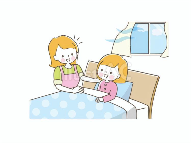 朝子供を起こす笑顔の母 親子,起こす,女性のイラスト素材