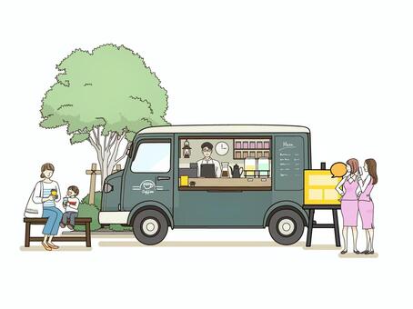 キッチンカー キッチンカー,昼休み,広場,カフェ,女子,親子,木,オフィスレディーのイラスト素材