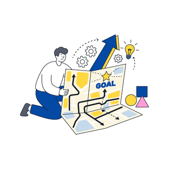 目標達成ルートを考える男性の図 人物,ビジネス,男性,目標,計画,達成,地図,分析,思考,戦略のイラスト素材