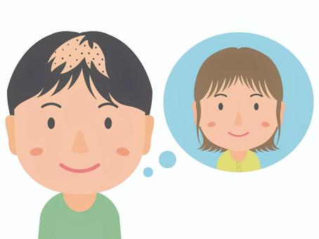 好きな女性を想像する薄毛の男性 好きな女性を想像する薄毛の男性 薄毛,aga,片思い,恋愛,恋心,男性,はげ,好き,地肌,頭皮のイラスト素材