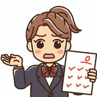 A female student shrugging her shoulders while holding a test with a score of 0, JPG and PNG A female student shrugging her shoulders while holding a test with a score of 0, , JPG and PNG