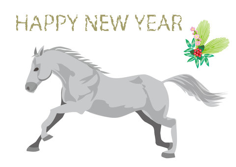 白い馬がギャロップする午年のウマの年賀状