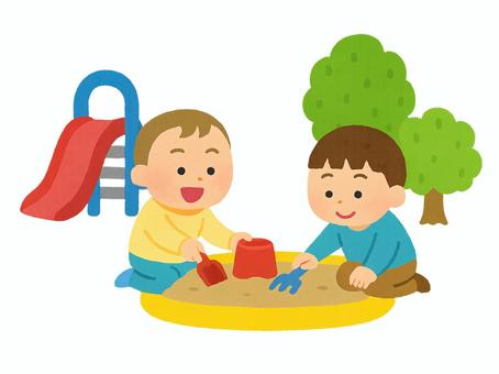 公園の砂場で遊ぶ幼児 公園,子供,幼児,砂場,友達,すべり台,木のイラスト素材