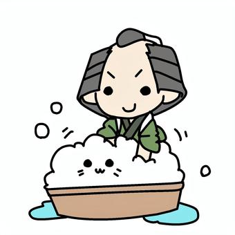 猫を洗う町民 町民,猫,洗う,キレイ,洗浄,泡,たらい,桶,バケツ,ペットのイラスト素材