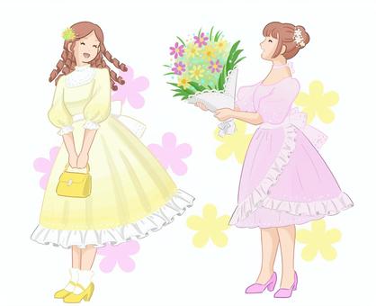 パーティドレス服の少女 ドレス,少女,パーティ,およばれ,コンサート,花束,おしゃれ,パステル調,かわいい,フリルのイラスト素材