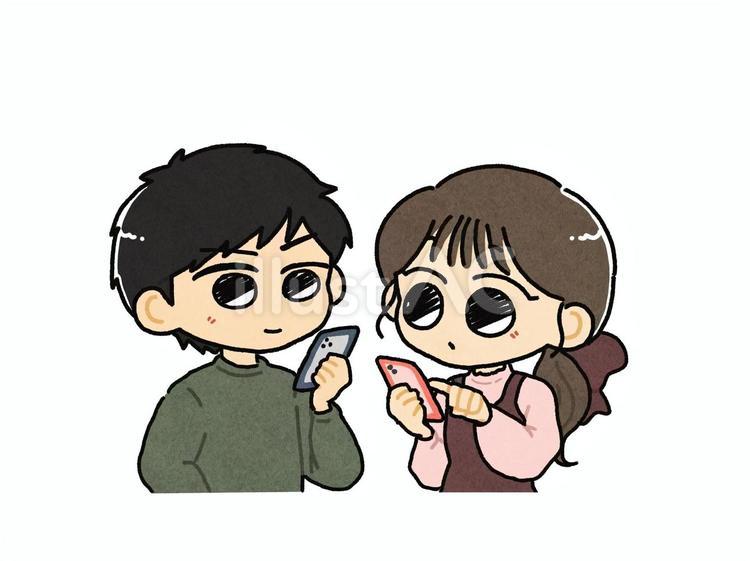 スマホを操作する男女 友達,連絡,マッチングアプリのイラスト素材