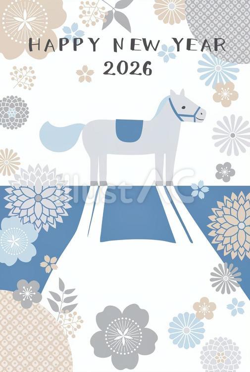 年賀状2026_淡い色の午北欧花縦 年賀状,2026年,午年のイラスト素材