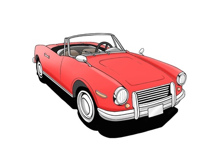 お洒落な赤いオープンカーの旧車 車,手描き,レトロ,ドライブ,タイヤ,フロント,ホイール,愛車,お出かけ,フロントガラスのイラスト素材