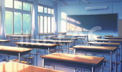 窓から日が当たる教室の風景画
