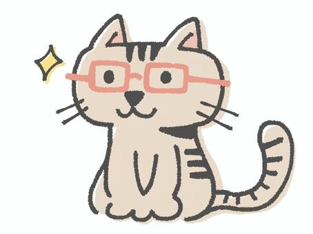 メガネをかけた猫 猫,眼鏡,赤色,かける,おすわり,笑顔,ペット,動物,手描き,かわいいのイラスト素材