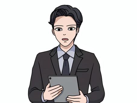 タブレットを持って説明するスーツ姿の男性 タブレット,資料,説明,スーツ,男性,話す,ビジネス,会議,若手,若いのイラスト素材
