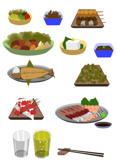 居酒屋メニューセット 居酒屋メニューセット サラダ,小鉢,もずく酢,冷奴,揚物,焼き鳥,ホッケ,枝豆,刺し身セット,醤油のイラスト素材