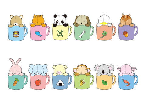 ちびぬいマグカップカラー ちびぬい,マグカップ,カラー,動物,くま,ねこ,パンダ,いぬ,アヒル,リスのイラスト素材