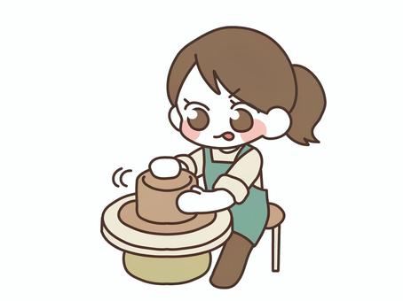 ろくろを回す女の子 女の子,ろくろ,陶芸,粘土,習い事,趣味,職人,エプロン,ポニーテールのイラスト素材