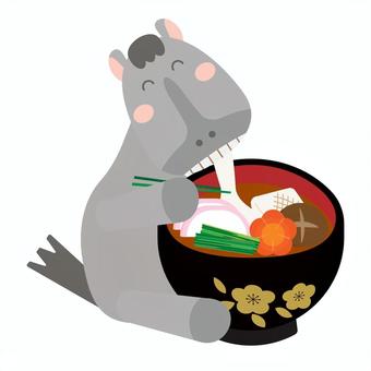 午年の年賀状素材、雑煮と葦毛馬