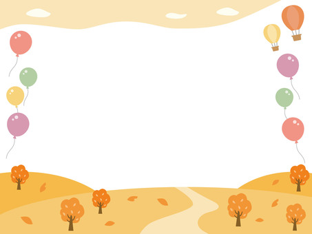 秋の紅葉と風船の風景フレーム背景_横型 秋,フレーム,背景,紅葉,飾り枠,山,風船,空,チラシ,バナーのイラスト素材