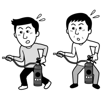 消火訓練をする日本人男性_モノクロ 男性,20代,30代,40代,全身,消火器,消火活動,消防,消火,放水のイラスト素材