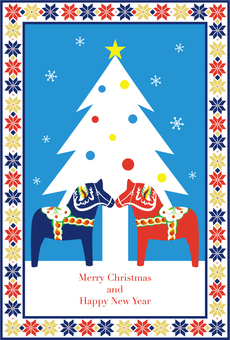 ダーラナホースのクリスマスカード 冬,クリスマス,馬,ポストカード,ダーラナホース,新年,グリーティングカード,北欧,雪,クリスマスツリーのイラスト素材