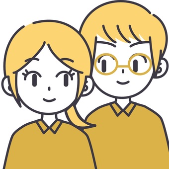 【そのまま使える】二色のカップル7 人物,2人組,男性,女性,アイコンタクト,笑顔,ポニーテール,メガネ,バストアップ,正面のイラスト素材