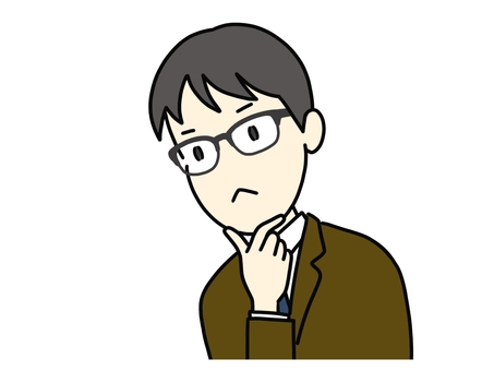 あごに手を当てて考える人(メガネ男性) 考える,悩む,への字口,男性,若い,サラリーマン,社会人,スーツ,会社員,仕事のイラスト素材