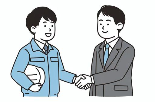 現場と営業の信頼関係 作業員,営業,握手,信頼,連携,協力,契約,ビジネス,現場,打ち合わせのイラスト素材