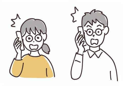 スマホで通話してびっくりする男性と女性 人物,女性,コミカル,ゆるい,フリーハンド,ギャグタッチ,まんが,主婦,奥さん,慌てるのイラスト素材